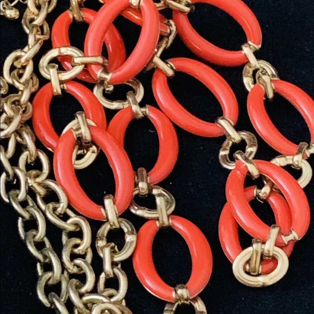 Long orange enamel link chain necklace